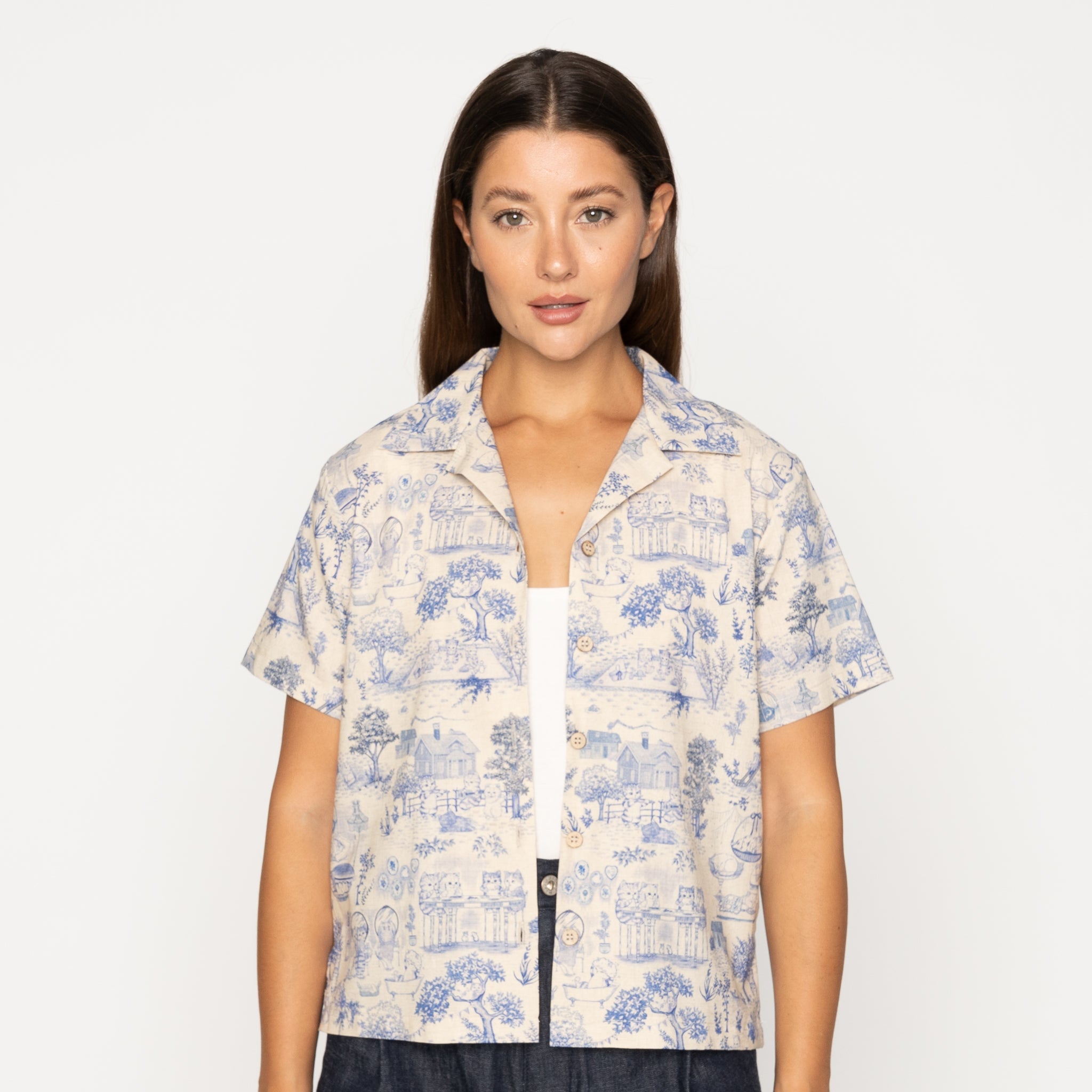 Camp Collar Shirt - Linen Cats - Blue by Naked & Famous Denim