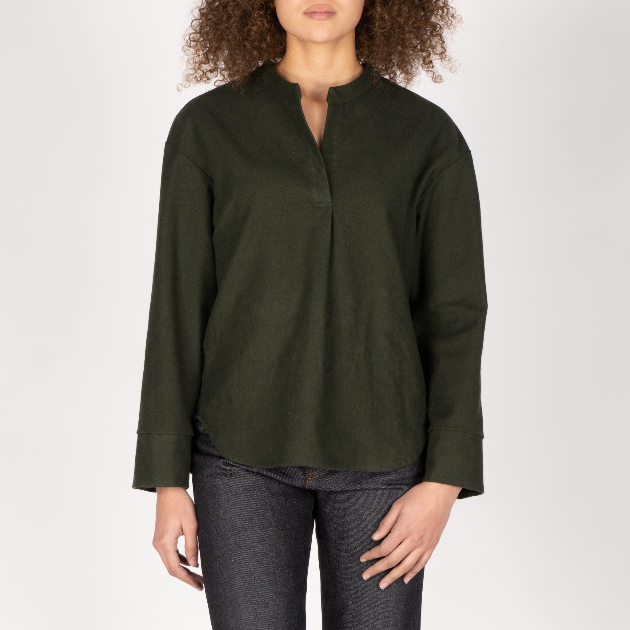 Band Collar Shirt - Cotton Yarn Dyed Flannel - Green by Naked & Famous Denim