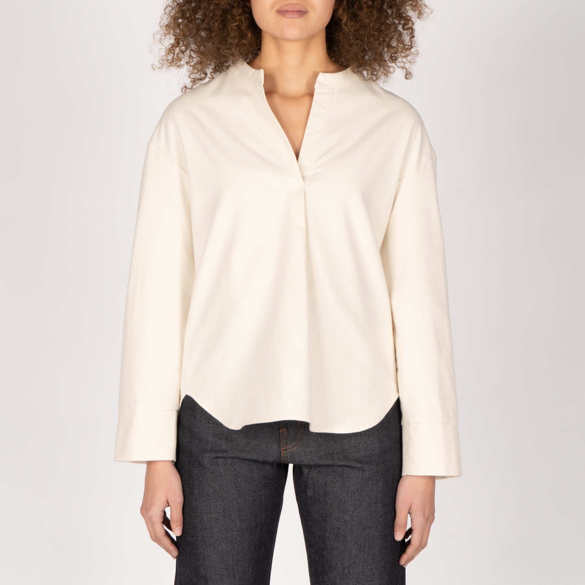 Band Collar Shirt - Cotton Yarn Dyed Flannel - Bone by Naked & Famous Denim