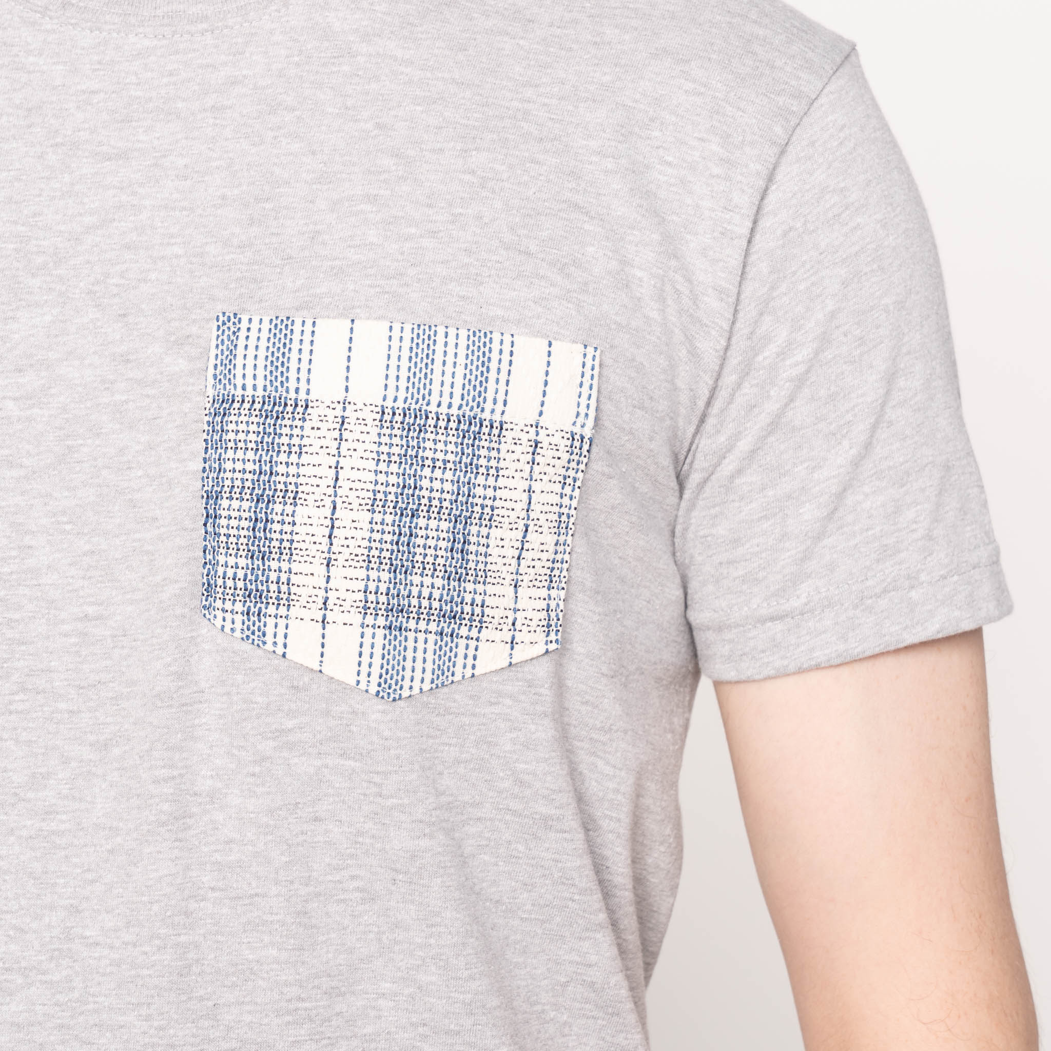Pocket Tee - Heather Grey - Asagi Sashiko - White by Naked & Famous Denim