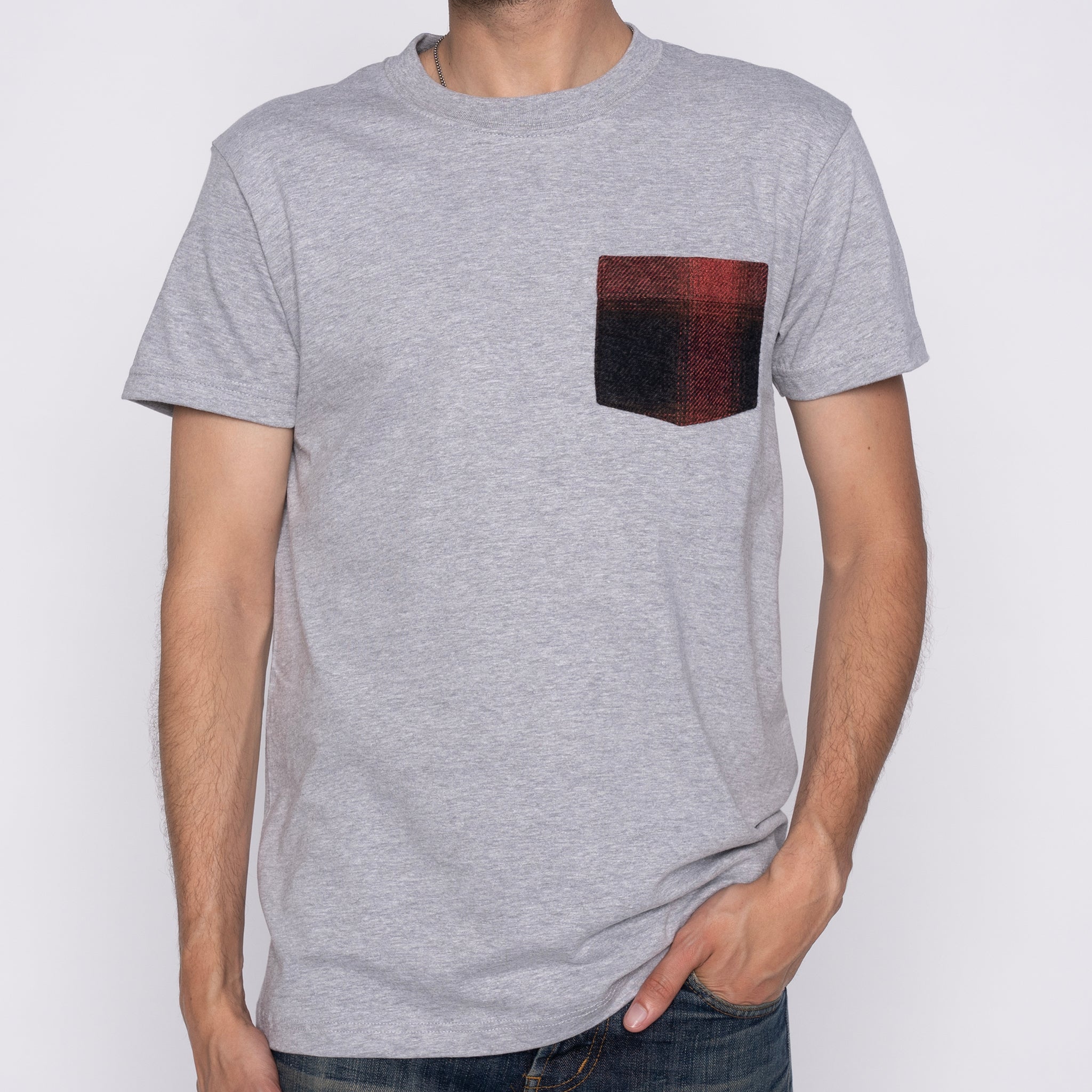 Pocket Tee - Heather Grey + Tweedy Cotton Vintage Brushed - Red by Naked & Famous Denim