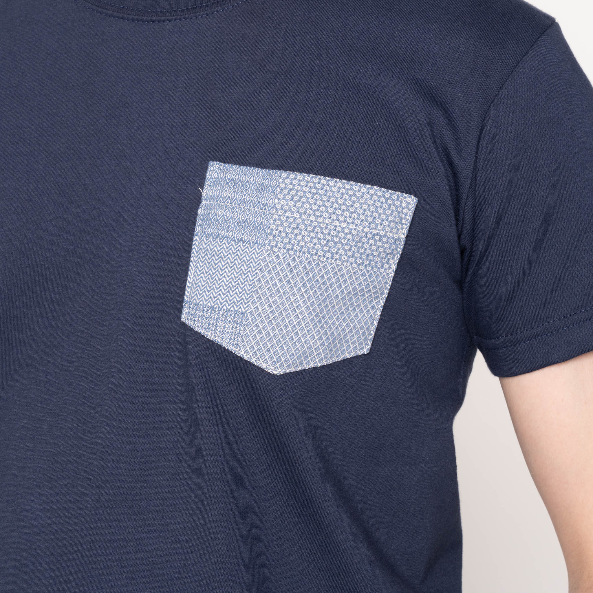 Pocket Tee - Navy - Dobby Patchwork - Pale Blue by Naked & Famous Denim
