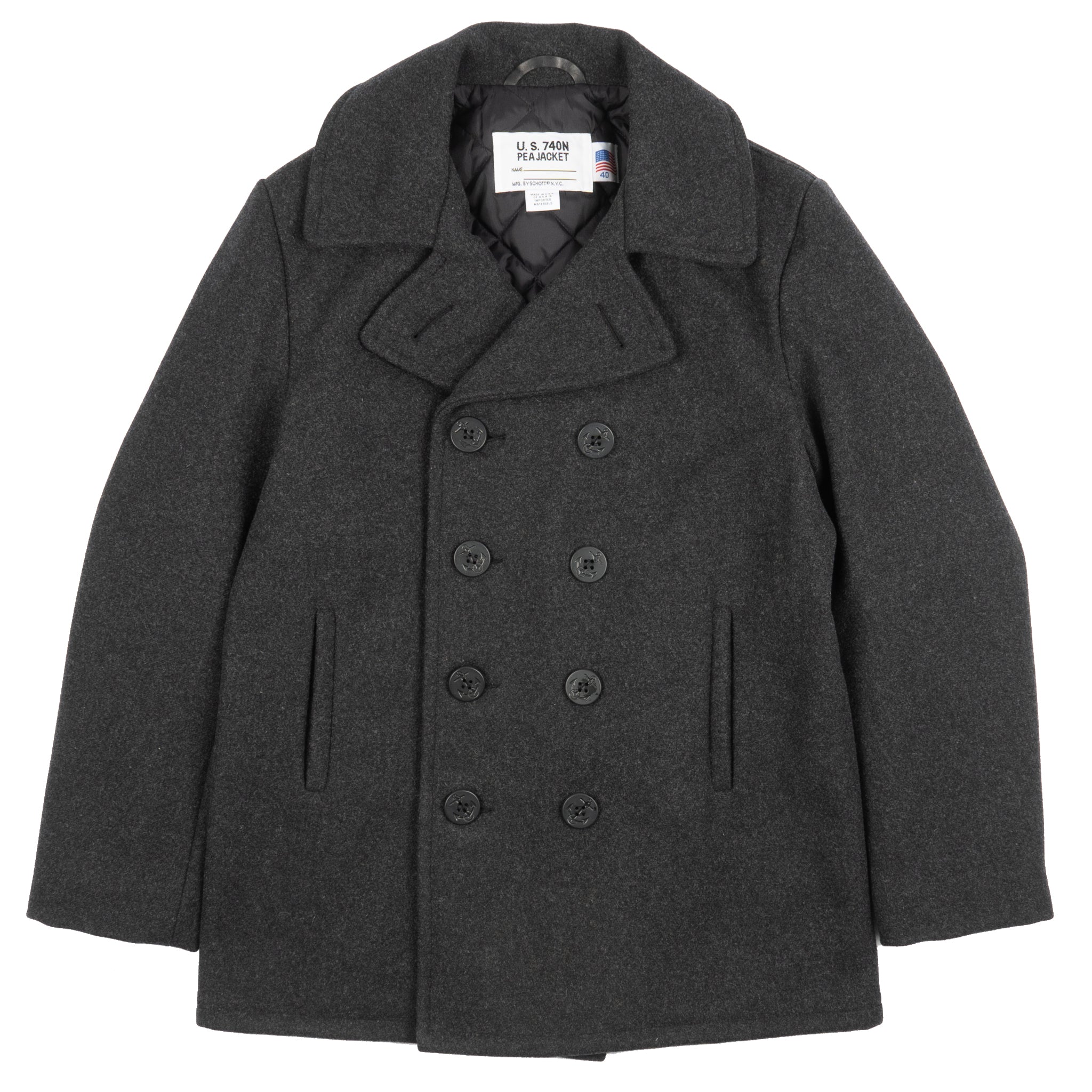 740 - Classic Melton Wool Navy Pea Coat - Dark Oxford Grey by Schott