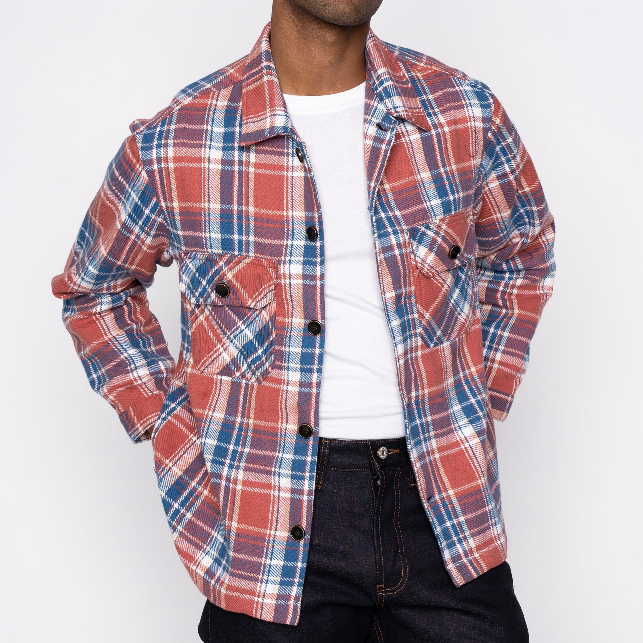 Over Shirt - Triple Yarn Twill Check Brush - Red by Naked & Famous Denim