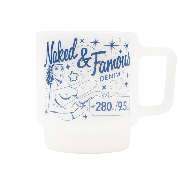 Milk Glass Stackable Mug - White with Blue Pinup Logo
