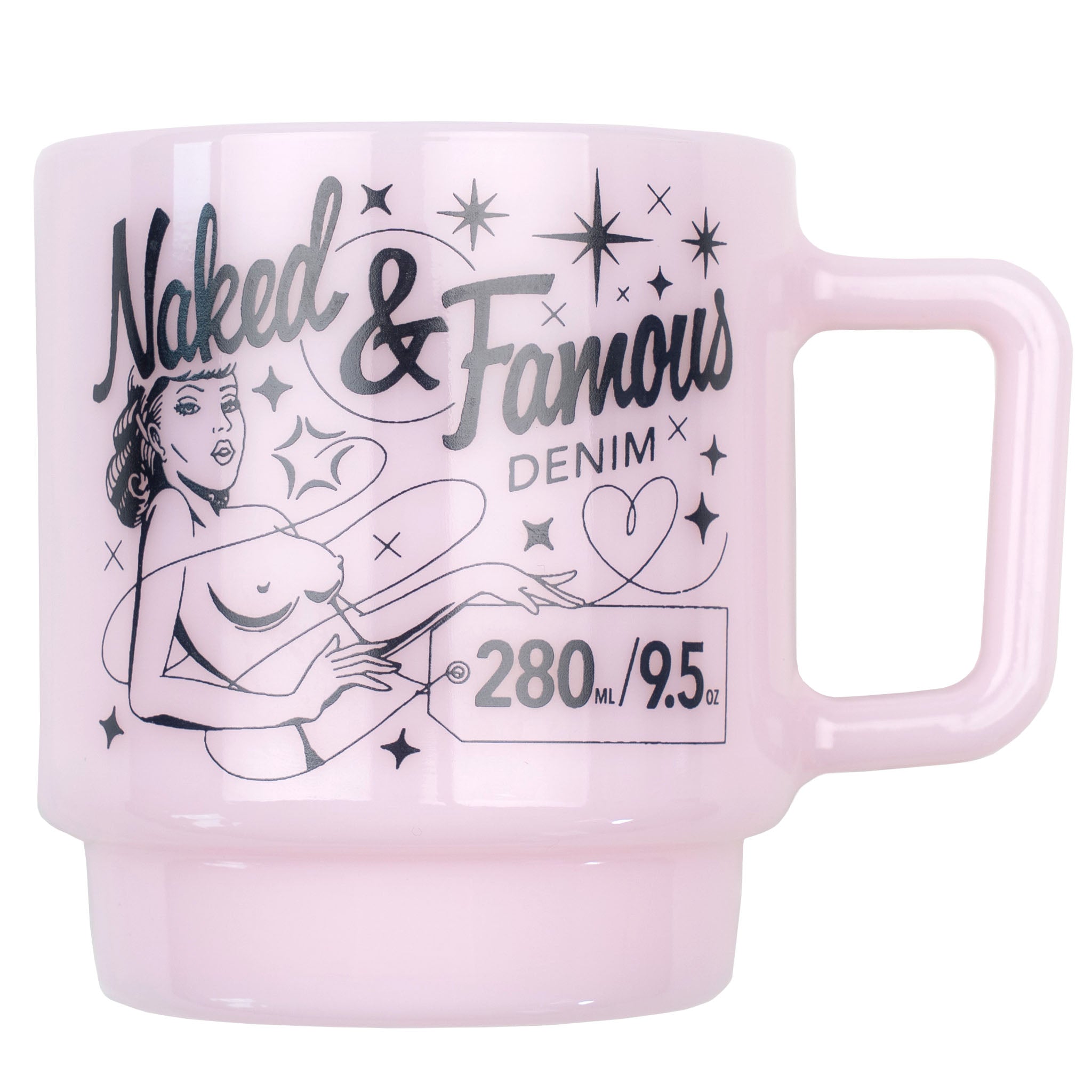 Milk Glass Stackable Mug - Pink With Navy Print