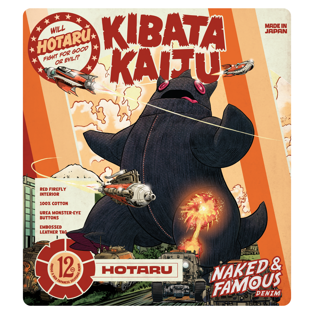 Promotional poster for Kibata Kaiju featuring a large black creature with red accents, surrounded by text and graphics.