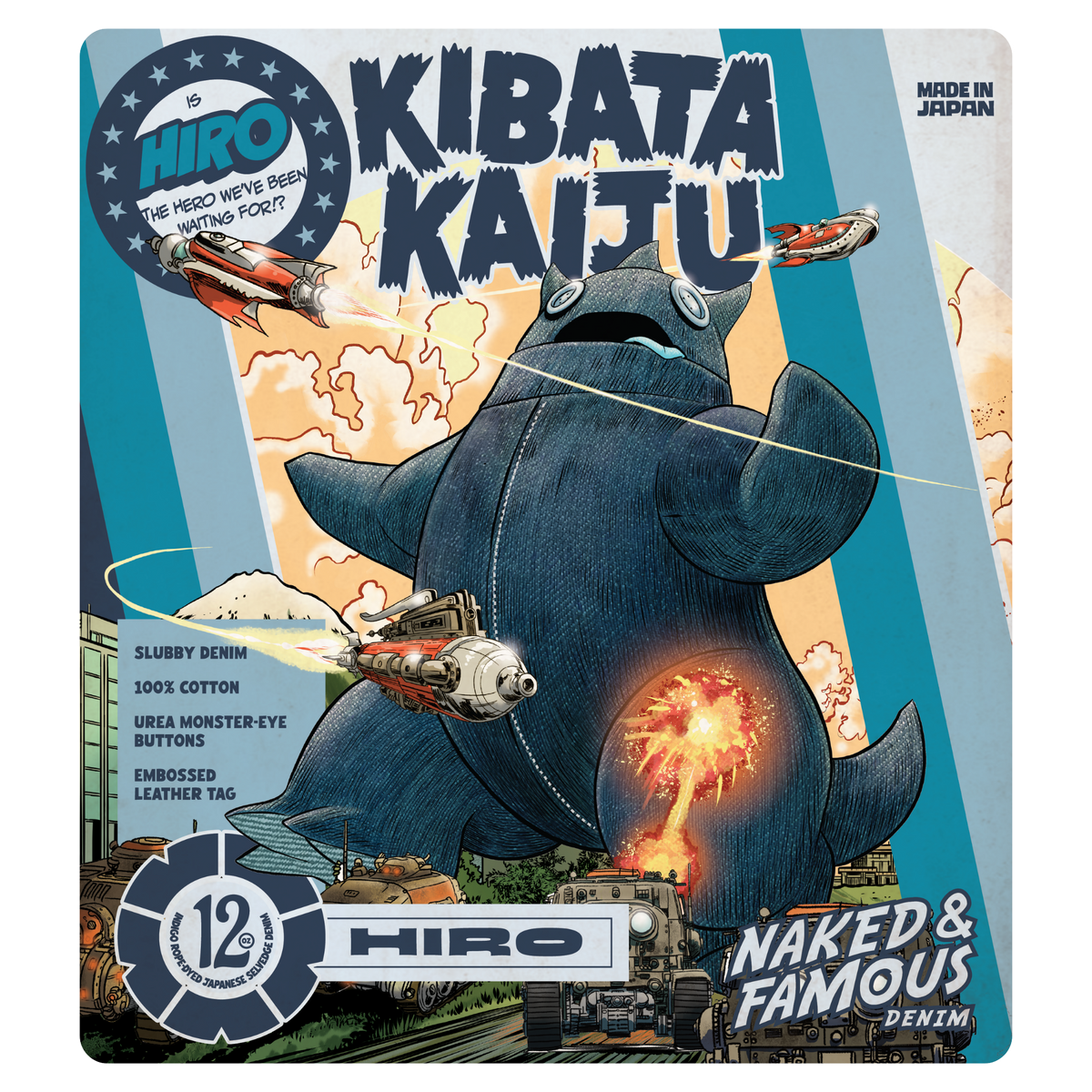 Product packaging for 'Kibata Kaiju' with a blue creature and text on a colorful background