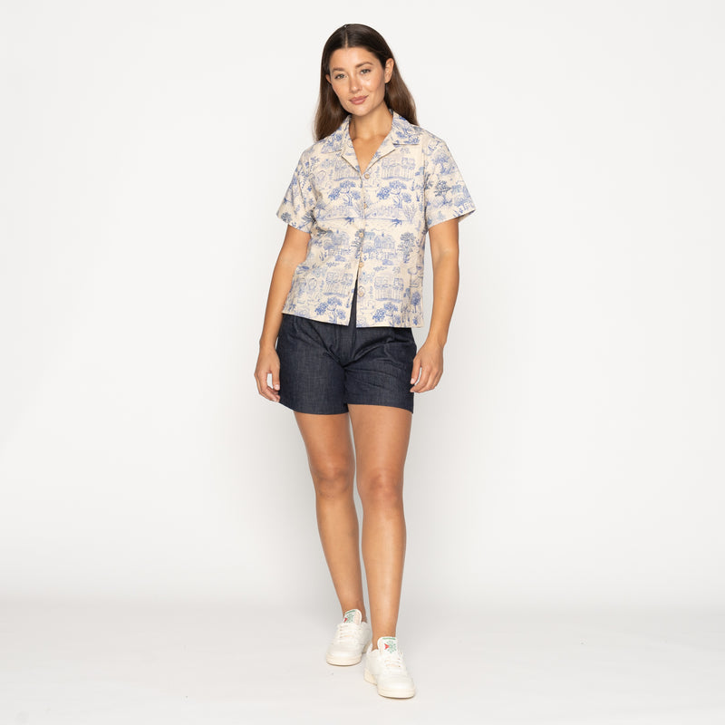 Camp Collar Shirt - Linen Cats - Blue