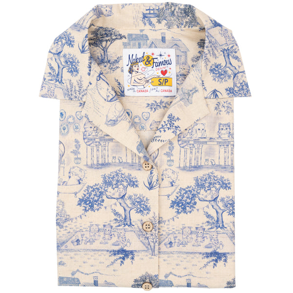 Camp Collar Shirt - Linen Cats - Blue