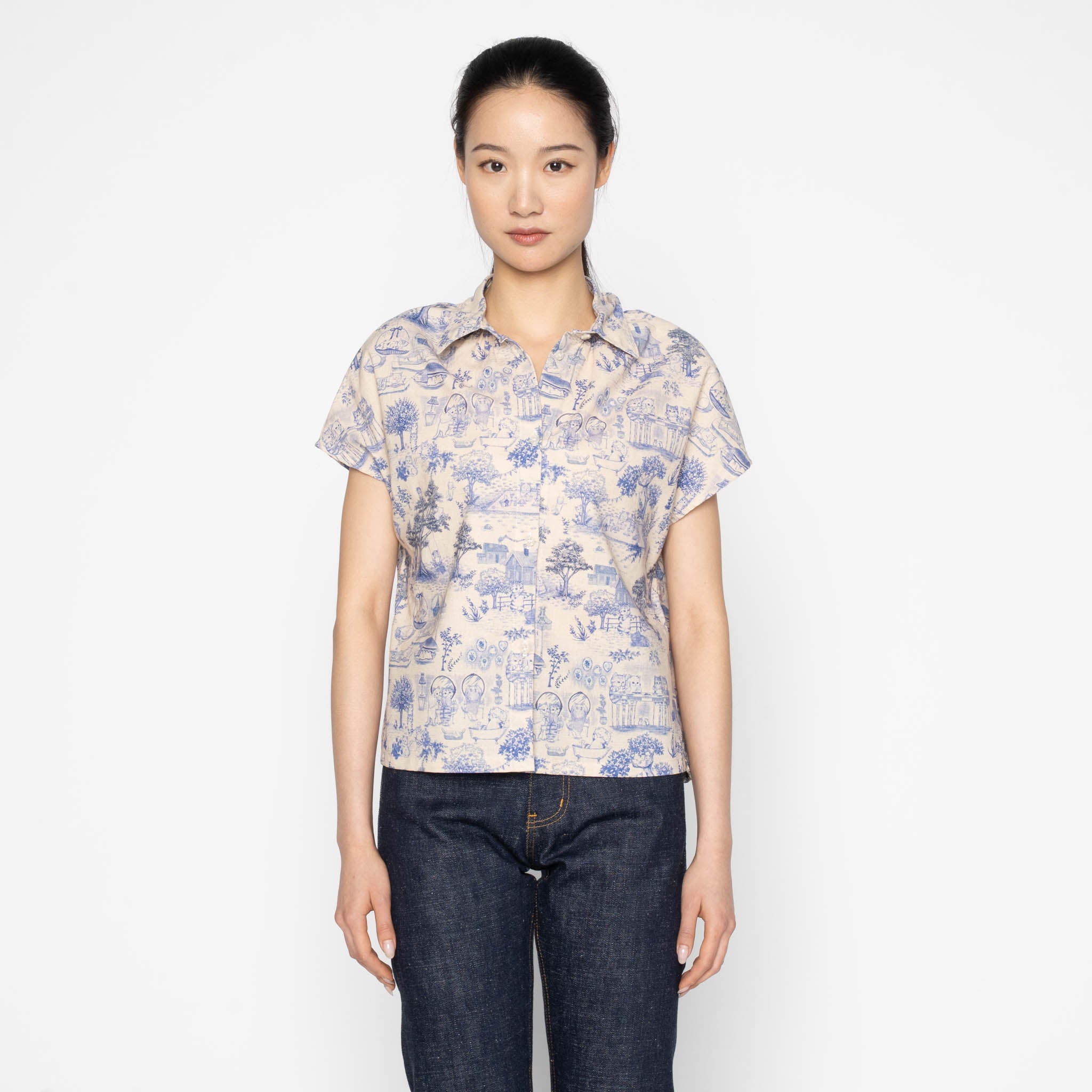 Billie Shirt - Linen Cats - Blue by Naked & Famous Denim