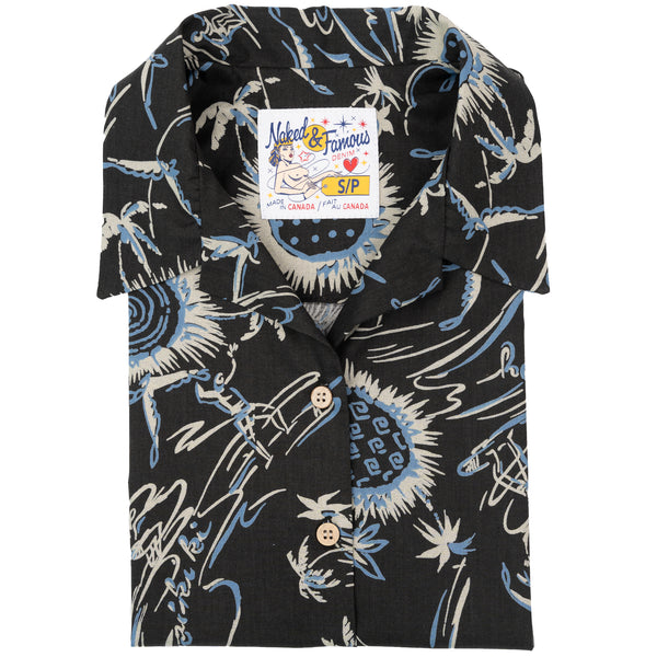 Camp Collar Shirt - Waikiki Waves - Black