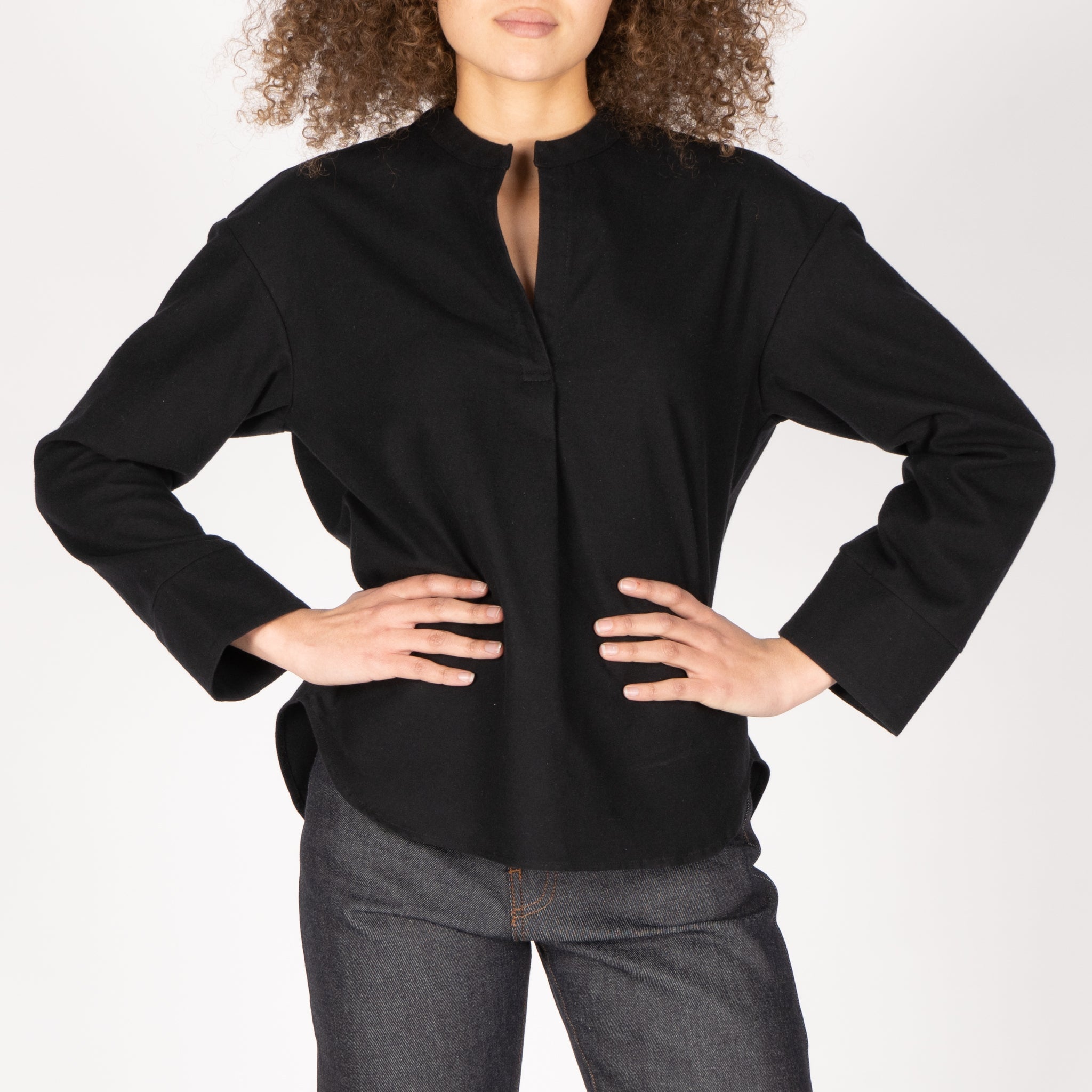 Band Collar Shirt - Cotton Yarn Dyed Flannel - Black by Naked & Famous Denim