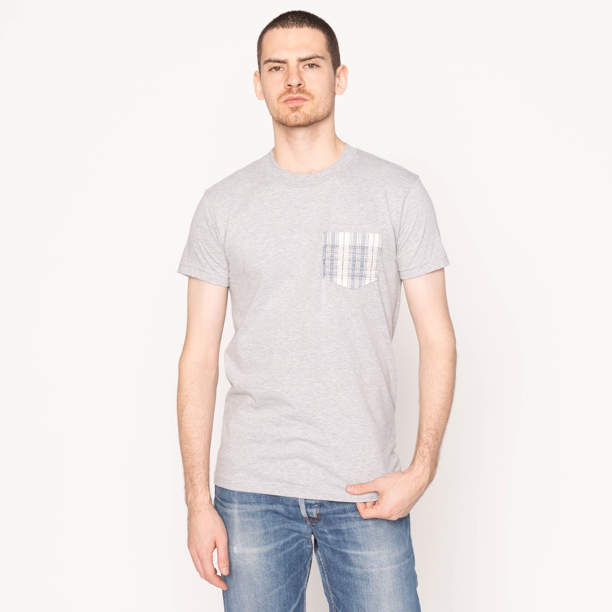 Pocket Tee - Heather Grey - Asagi Sashiko - White by Naked & Famous Denim