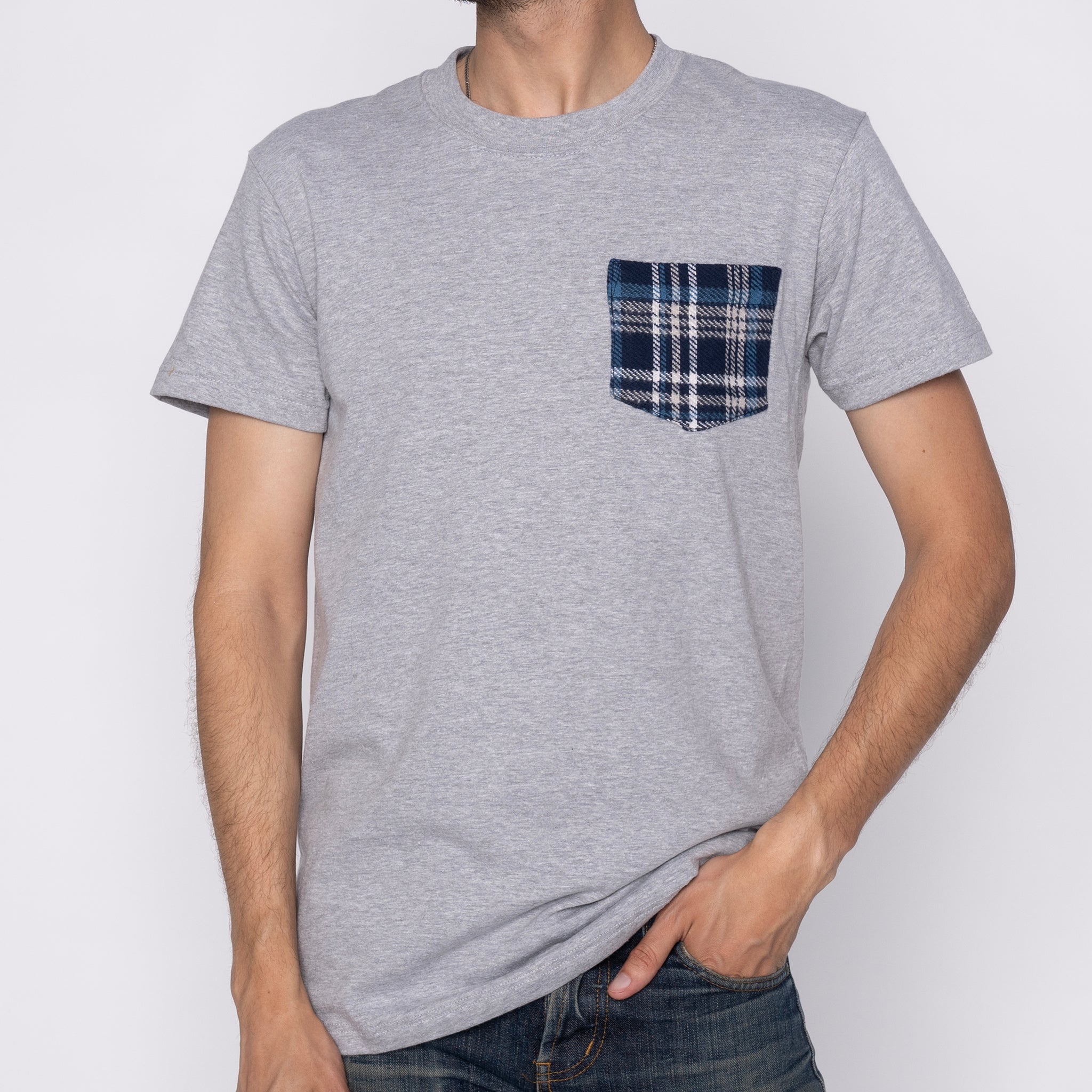 Pocket Tee - Heather Grey + Triple Yarn Twill Check Brush - Navy by Naked & Famous Denim