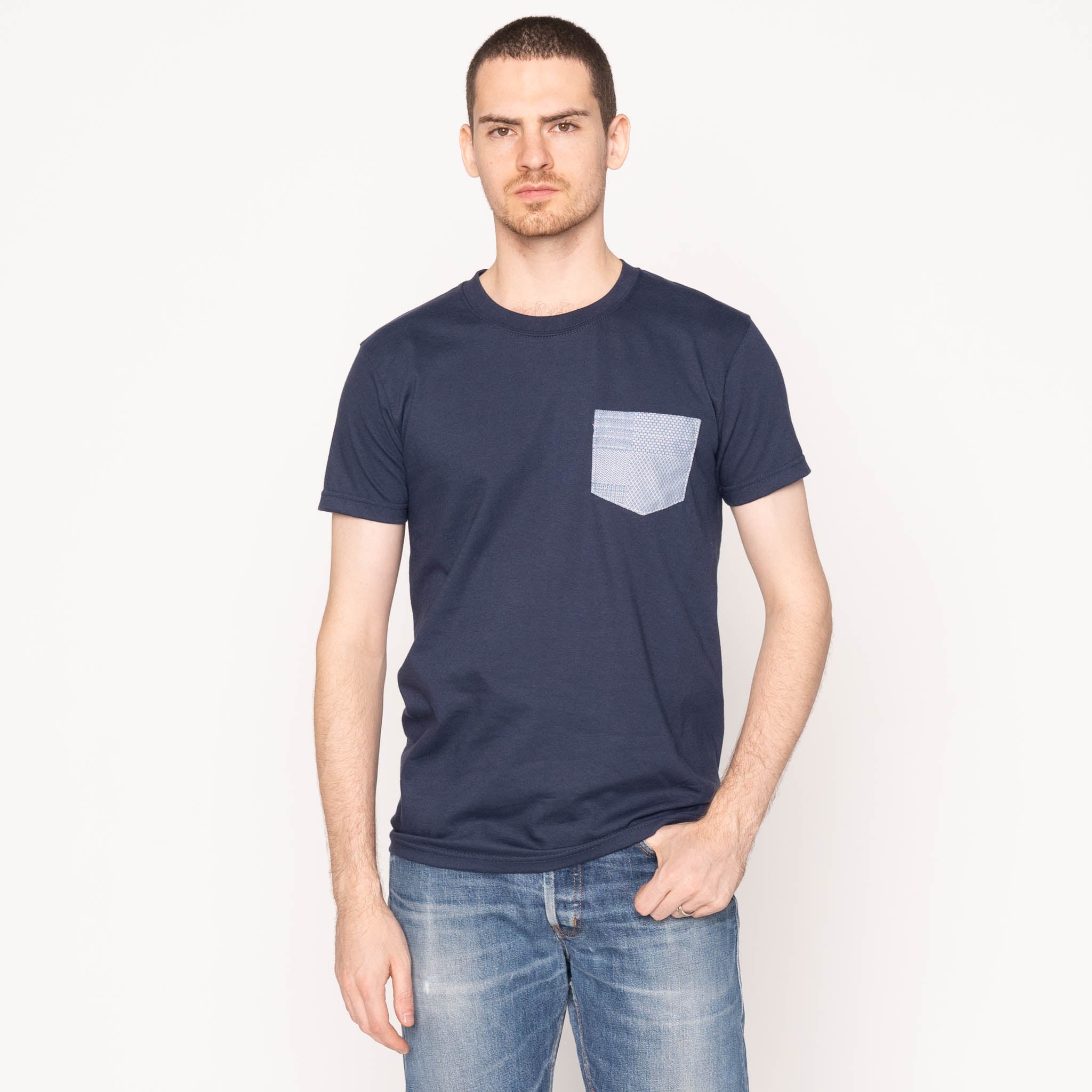 Pocket Tee - Navy - Dobby Patchwork - Pale Blue by Naked & Famous Denim