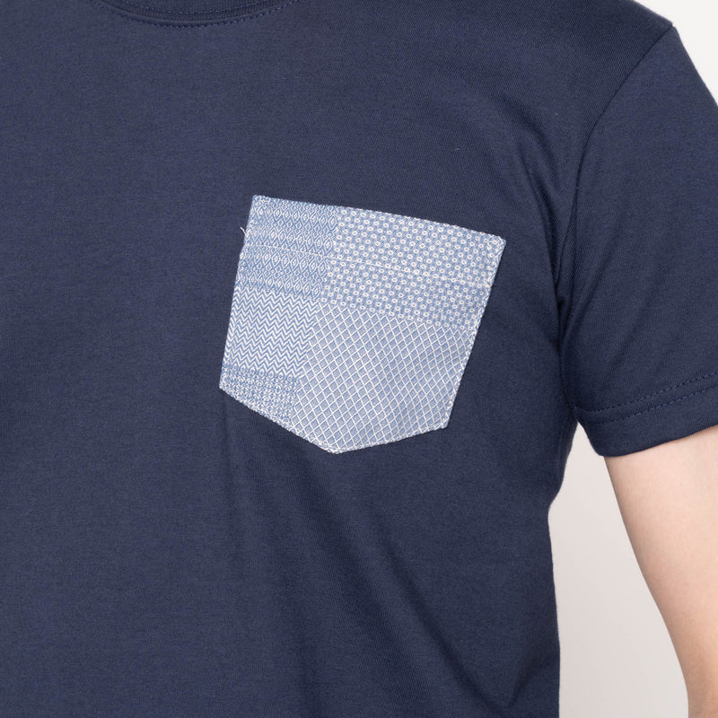 Pocket Tee - Navy - Dobby Patchwork - Pale Blue