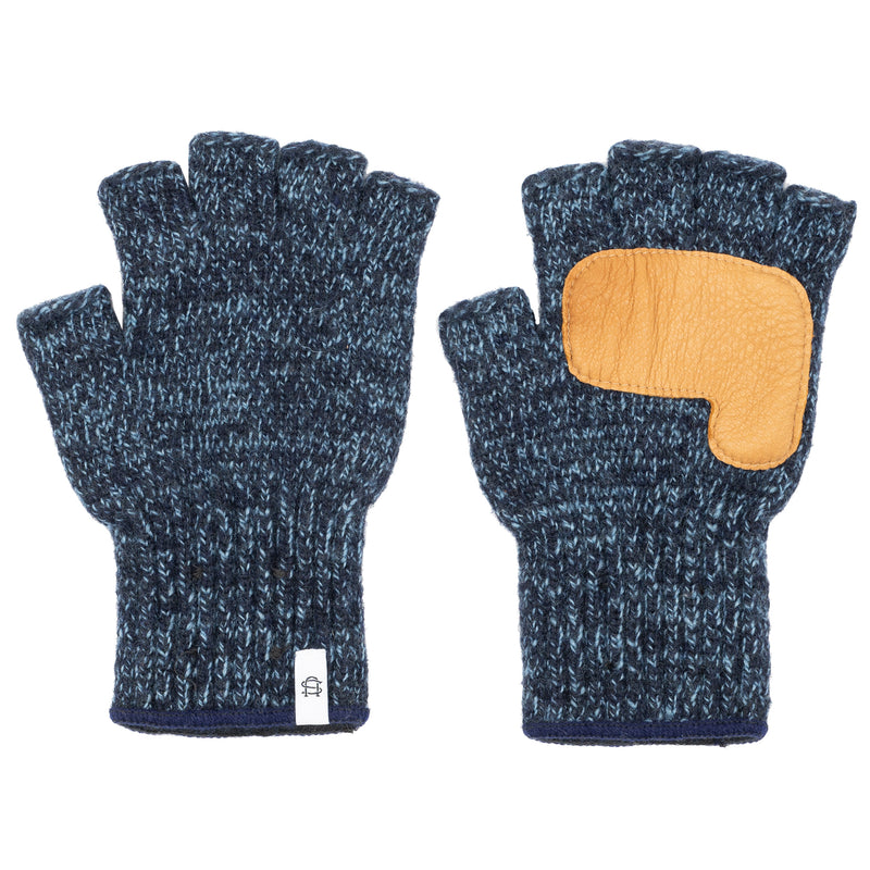 Ragg Wool Fingerless Glove - Denim Melange With Natural Deerskin