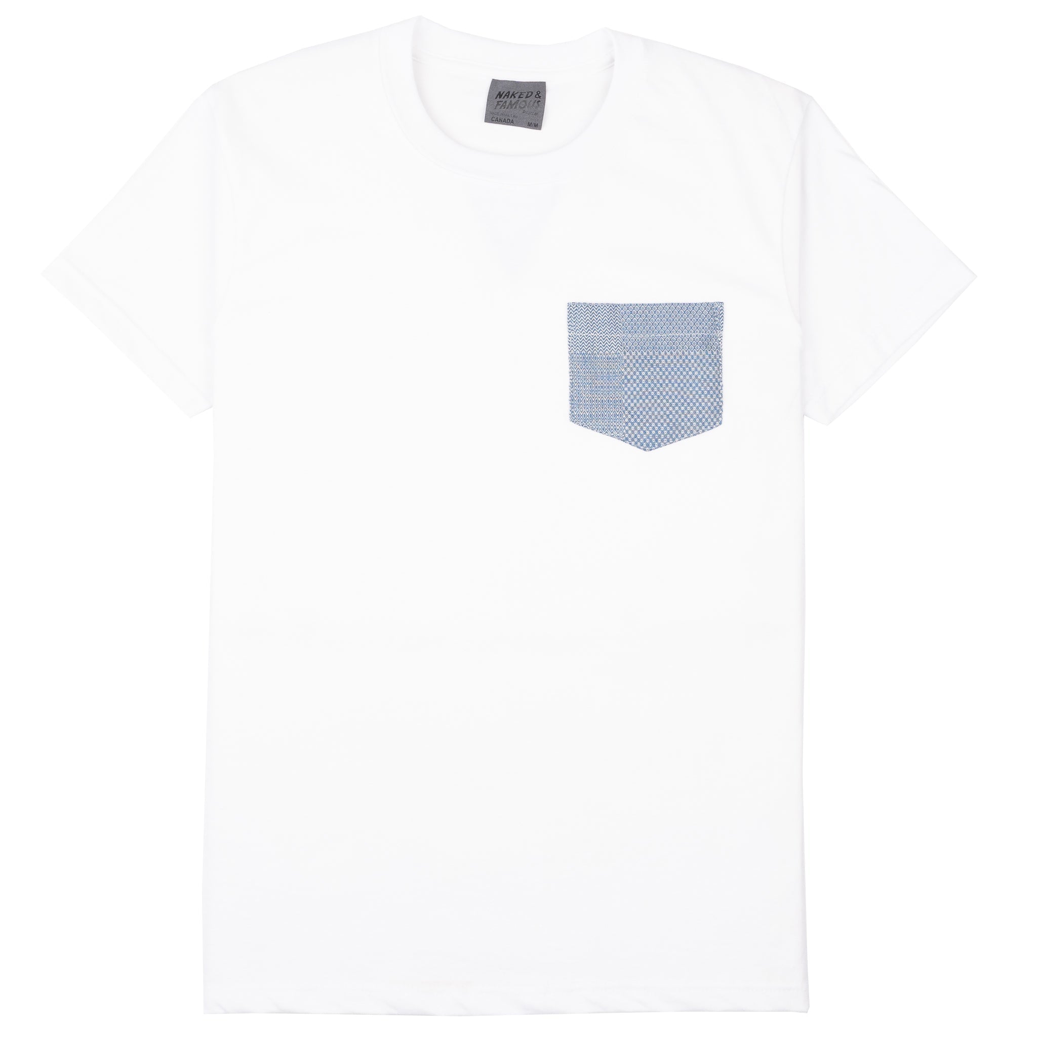 Pocket Tee - White - Dobby Patchwork - Pale Blue by Naked & Famous Denim
