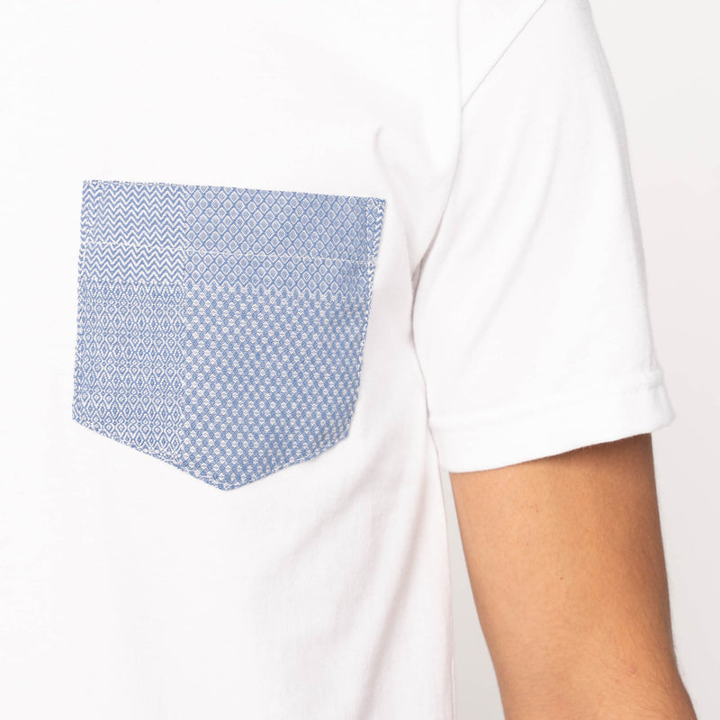 Pocket Tee - White - Dobby Patchwork - Pale Blue