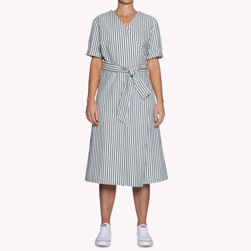 Wrap Dress - Seersucker Stripe - Blue/Cream | Naked & Famous Denim