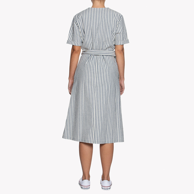 Wrap Dress - Seersucker Stripe - Blue/Cream | Naked & Famous Denim