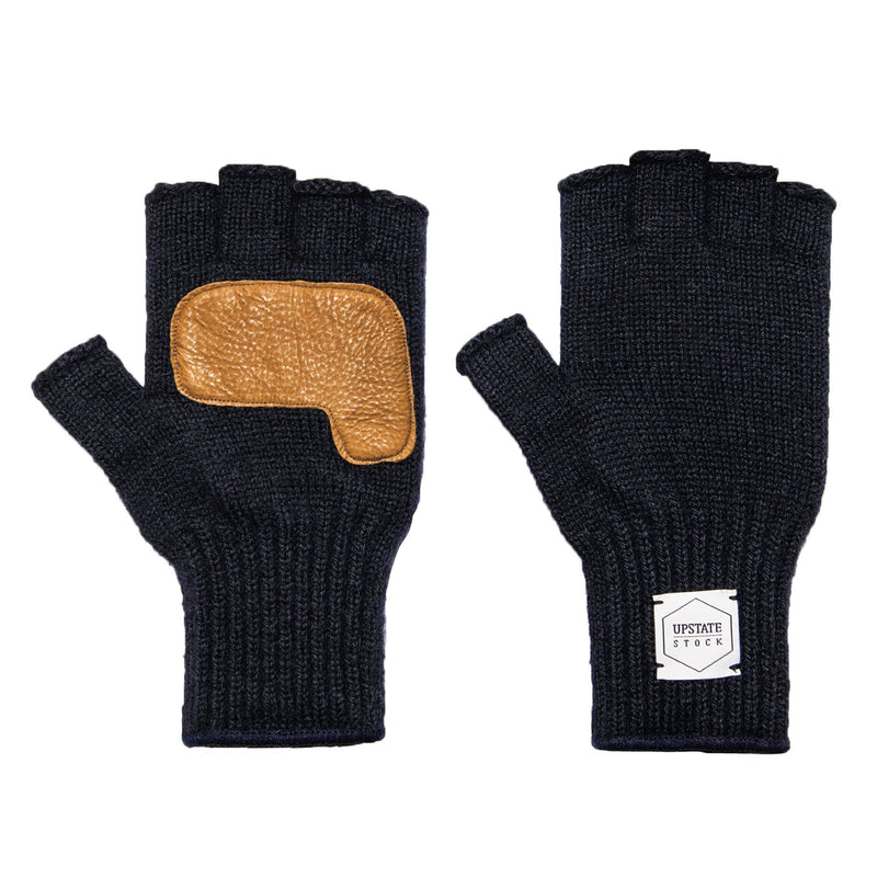 Fingerless Ragg Wool Gloves - Navy Melange With Natural Deerskin | Upstate Stock