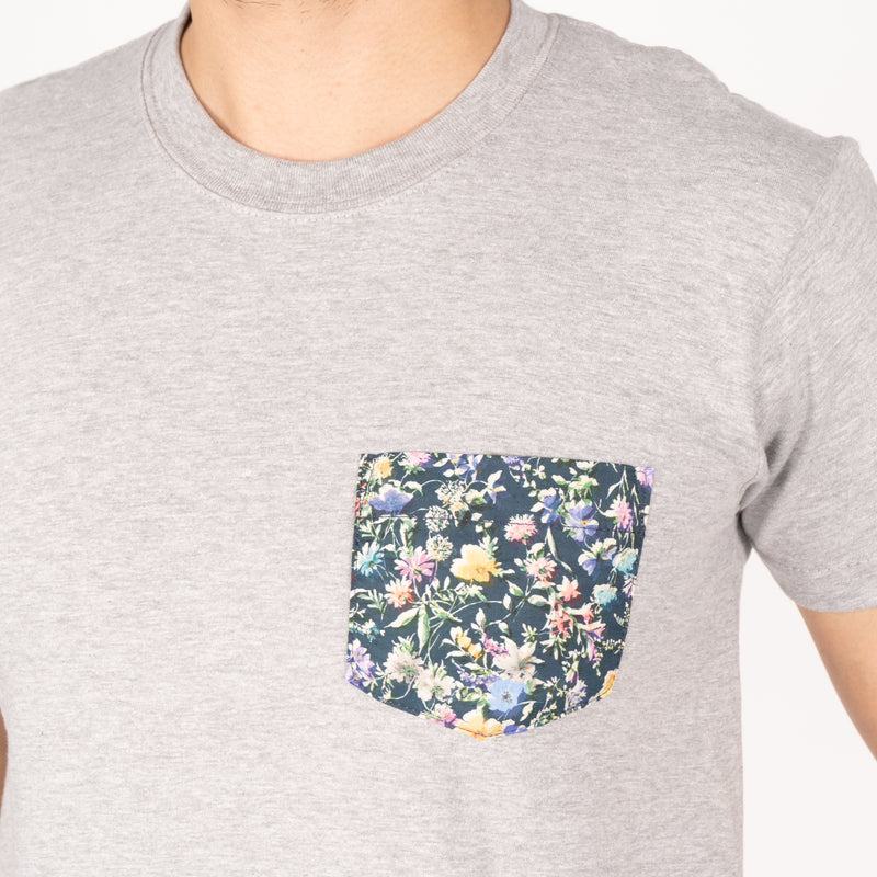 Pocket Tee - Heather Grey -Floral Painting - Navy | Naked & Famous Denim
