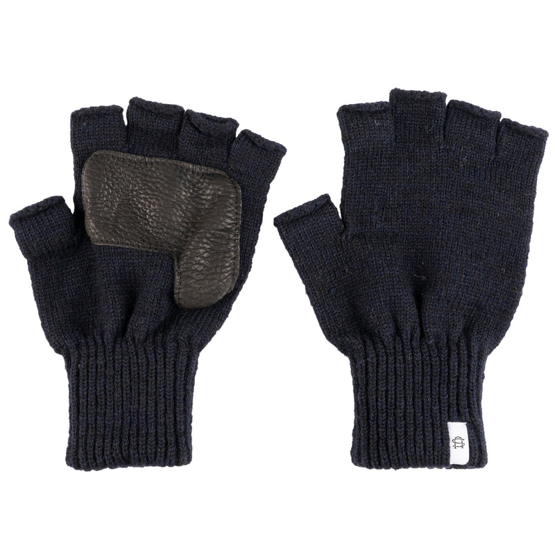 Ragg Wool Fingerless Glove - Navy Melange With Black Deerskin