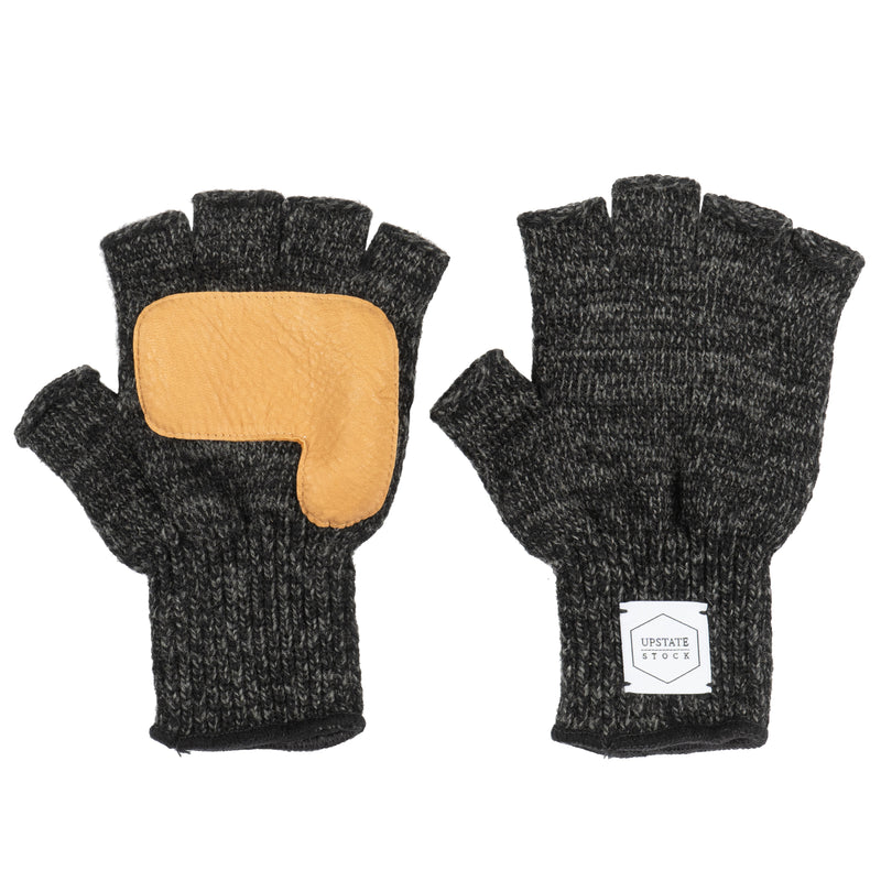 Ragg Wool Fingerless Glove - Black Melange With Natural Deerskin
