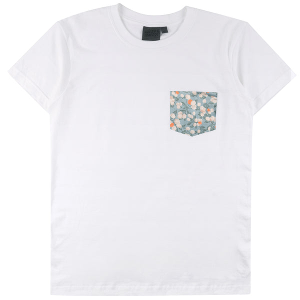 Pocket Tee - White + Fruit Print - Cyan | Naked & Famous Denim